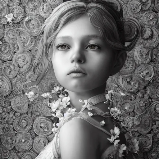 Prompt: the portrait of an absurdly beautiful, graceful, elegant, sophisticated, fashionable little girl made of bananas and white petals looking down, an ultrafine hyperdetailed illustration by kim jung gi, irakli nadar, intricate linework, bright colors, octopath traveler, final fantasy, unreal engine 5 highly rendered, global illumination, radiant light, detailed and intricate environment