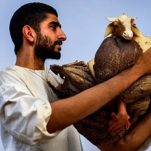 Prompt: 18 year old middle eastern skinned man in ancient Canaanite clothing holding a plate of rotten fruit. A 22 year old middle eastern skinned man in ancient Canaanite clothing carrying a beautiful goat, dramatic angle, 8k hdr pixiv dslr photo