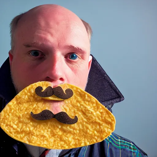 Prompt: an award winning still photo of a scottish man with a taco mustache made out of taco