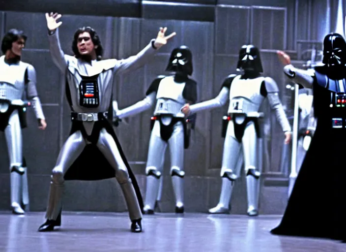 Image similar to film still of Darth Vader dancing as Tony Manero in Staying Alive 1983,