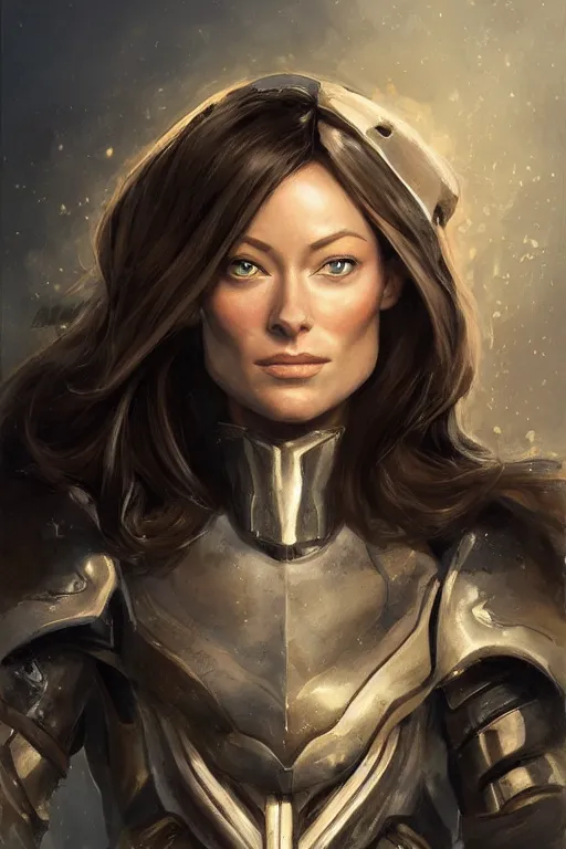 Image similar to a professional painting of a young Olivia Wilde, clothes in military armor, olive skin, long dark hair, beautiful bone structure, symmetrical facial features, intricate, elegant, digital painting, concept art, smooth, sharp focus, illustration, from StarCraft by Ruan Jia and Mandy Jurgens and Artgerm and William-Adolphe Bouguerea