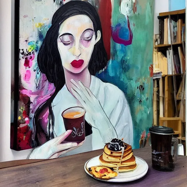 Image similar to “ sensual, a portrait in a female art student ’ s apartment, pancakes, woman drinking an iced latte from a painting, berries, art supplies, a candle dripping white wax, berry juice drips, neo - expressionism, surrealism, acrylic and spray paint and oilstick on canvas ”