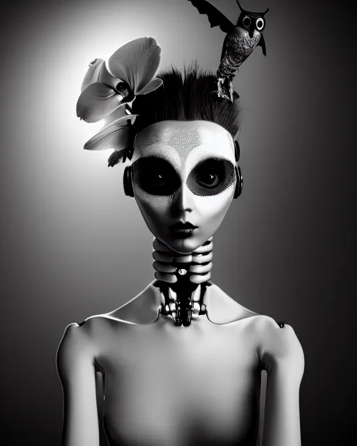 Image similar to surreal mythical dreamy dark artistic black and white fine art 3 / 4 fashion portrait photo of a young beautiful delicate female robot with orchid - owl face, rim light, cinematic, studio dramatic light, poetic, masterpiece, octane render, 8 k, photo - realistic by hg giger and man ray