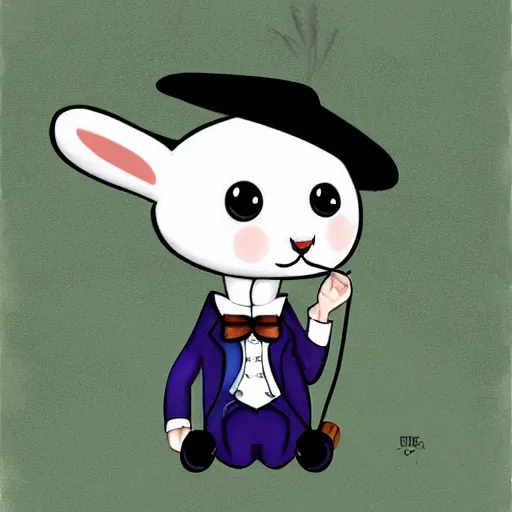 Image similar to a dapper bunny rabbit in formal wear with a monocle sitting on a park bench on a sunny day, digital art