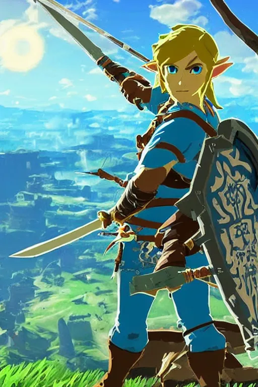 Prompt: in game footage of link from the legend of zelda breath of the wild firing an exploding arrow, breath of the wild art style.