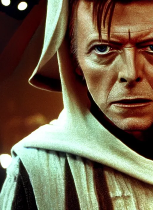 Image similar to david bowie as obi wan kenobi in star wars, movie frame, bluray