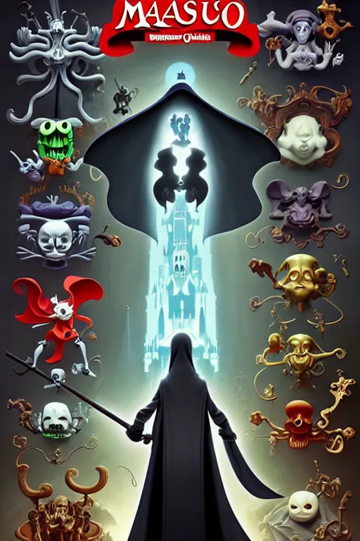 Image similar to video game cover, disney cute grim reaper dressed with a cape surrounded by demons, intricate baroque style. by martin johnson head, by david caspar friedrich, by mike mignola, by goro fujita, by octavio ocampo, masterpiece. intricate artwork, symmetrical artwork, cinematic, pixar studio, smooth gradients, full body character.