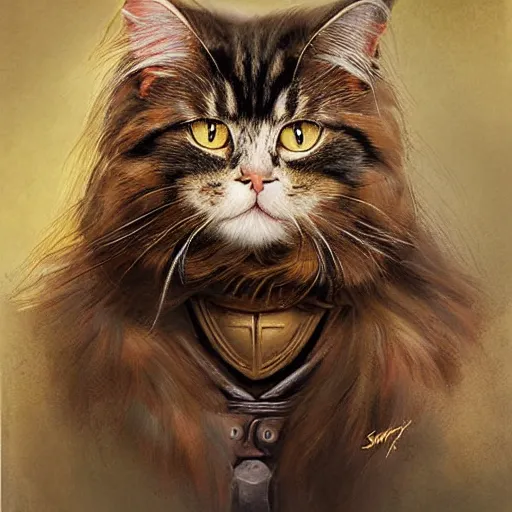 Image similar to portrait of a british longhair cat sodier with armor in the war, by stanely artgerm