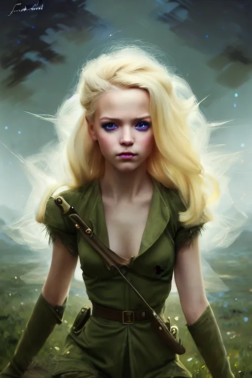 Image similar to cinematic shot of an epic portrait of a cute blonde fairy dressed in military clothes, stylised military clothes, shiny skin, beautiful eyes, beautiful, small details, night setting, realistic poster with volumetric light from craig mallism, artgerm, jeremy lipkin and michael garmash, unreal engine, radiant light, digital art, trends at art station, a masterpiece