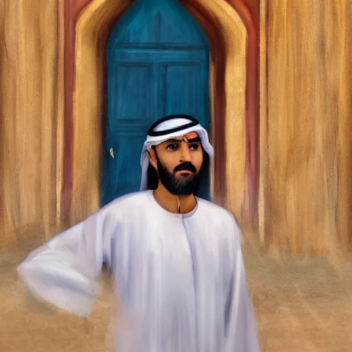 Image similar to Arab man near old mosque in old Arab city, dawn, 4k, oil painting style ,