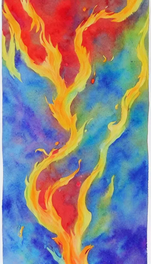 Image similar to water color painting of fire and water mixing together, conveying a sense of balance inspired by the Temperance tarot card, smooth brush strokes