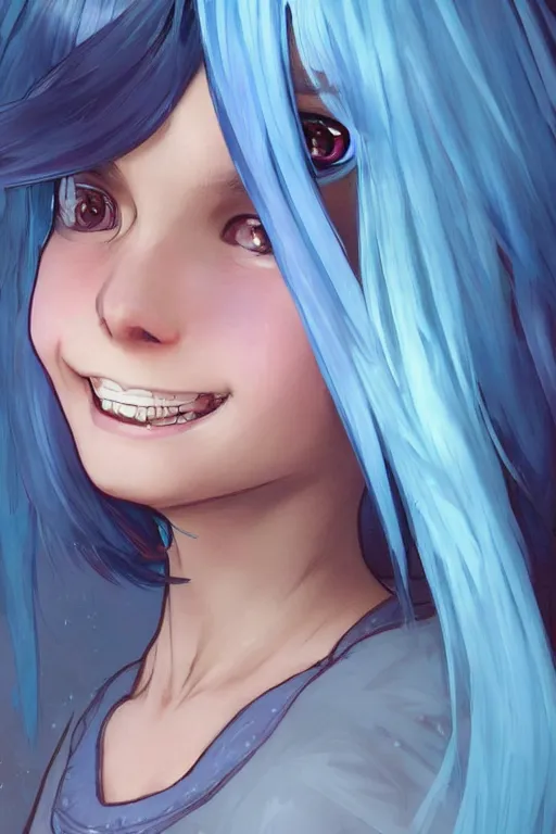 Prompt: a little gamergirl with a laughing face and short!! light colorful blue hair. she is dressed as gamergirl in her room, painting, beautiful detailed face. by artgerm and greg rutkowski and alphonse mucha