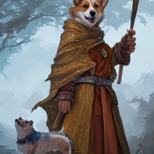 Prompt: d & d character art, corgi wearing intricate robes, extremely detailed digital illustration, hyperrealistic, magical, fantasy, mystical, dynamic, greg rutkowski, trending on artstation, 8 k