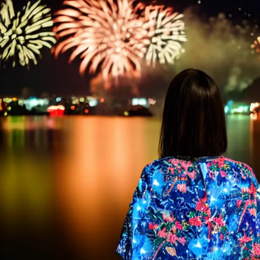 Prompt: a beautiful woman in a kimono watching fireworks