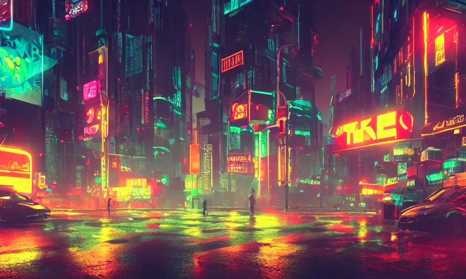 a cyberpunk street scene with neon lights, raining, 4k, Stable Diffusion
