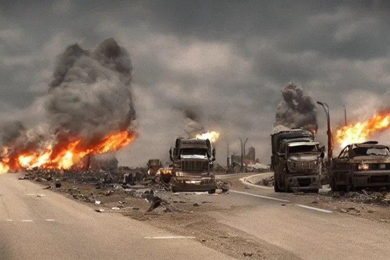 Image similar to a giant truck, transforming into a war machine on a destroyed highway. special effects, highly detailed, filmic. michael bay.