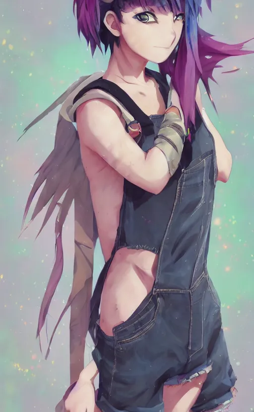 Prompt: a cute anime grungy alternative woman with rainbow hair, drunk, angry, soft eyes and narrow chin, dainty figure, long hair straight down, torn overalls, short shorts, combat boots, basic white background, side boob, symmetrical, single person, style of by Jordan Grimmer and greg rutkowski, crisp lines and color,