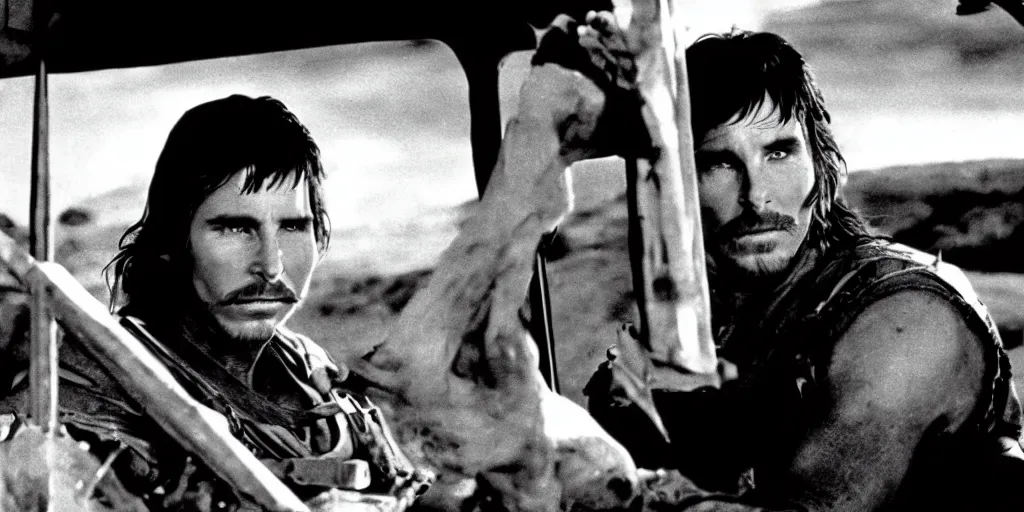 Prompt: film still of Christian Bale as Max in Mad Max 1979