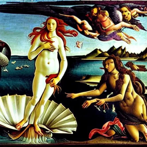 Image similar to high quality oil painting by botticelli, birth of venus with a raven bird