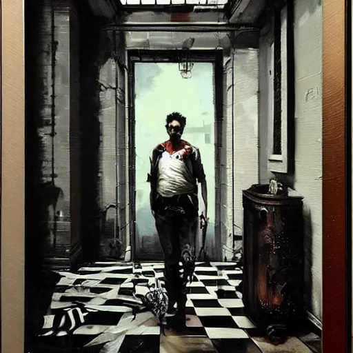 Prompt: diego dayer, hyperrealistic surrealism, award winning masterpiece with incredible details, a surreal vaporwave painting of door leading to nowhere, mirrors everywhere, highly detailed, black and white checkered floor