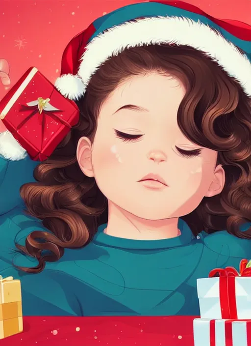 Prompt: little girl with short wavy curly hair, asleep at christmas. surrounded by gifts. high quality detailed face. clean cel shaded vector art. shutterstock. behance hd by lois van baarle, artgerm, helen huang, by makoto shinkai and ilya kuvshinov, rossdraws, illustration, art by ilya kuvshinov