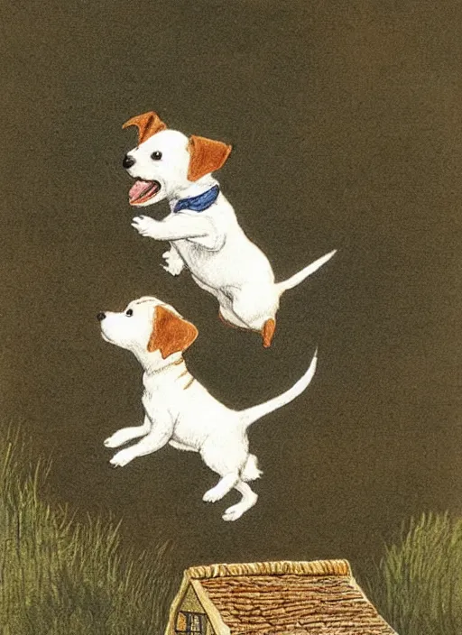 Prompt: jack russel terrier jumping from the ground over a small house, illustrated by peggy fortnum and beatrix potter and sir john tenniel