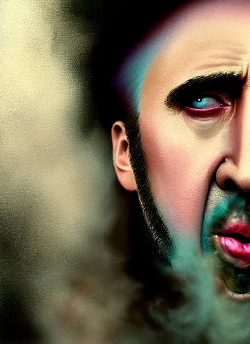 Prompt: an ethereal, misty portrait of a screaming nicolas cage whose face is accented with iridescent makeup. the makeup floats off his face and joins swirling clouds of smoke and fog, becoming the declaration of independence. muted tones. surreal portrait, cinematic lighting, 8 k, smooth, sharp focus, digital painting, rendered in octane, painted by tom bagshaw, artgerm