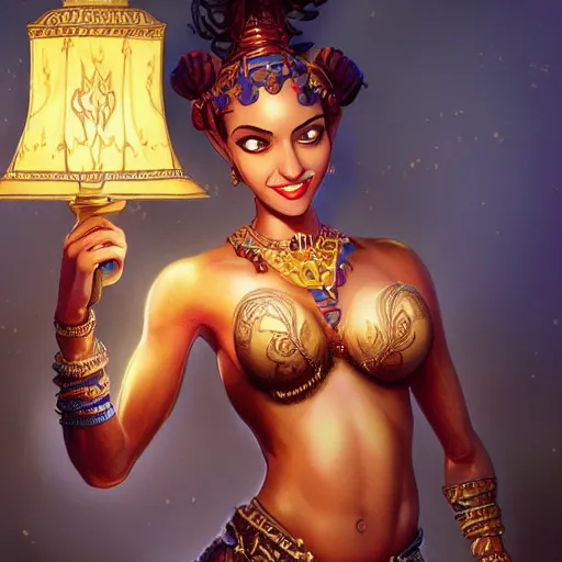 Image similar to a short haired genie, female, young, brown hair, brown skin, abs, emerging from her lamp, confident and smiling, insanely detailed and intricate, hypermaximalist, elegant, ornate, hyper realistic, super detailed, Art Deco, cinematic, trending on artstation, magic the gathering artwork, centered