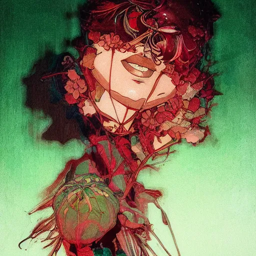 Image similar to prompt : pale red and deep green portrait soft light painted by james jean and katsuhiro otomo and erik jones, inspired by evangeleon anime, smooth face feature, intricate oil painting, high detail illustration, sharp high detail, manga and anime 1 9 9 9