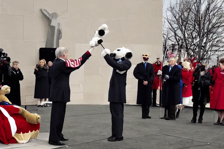 Image similar to photo of the usa presidential inauguration, a lion fursuiter being inaugurated as president