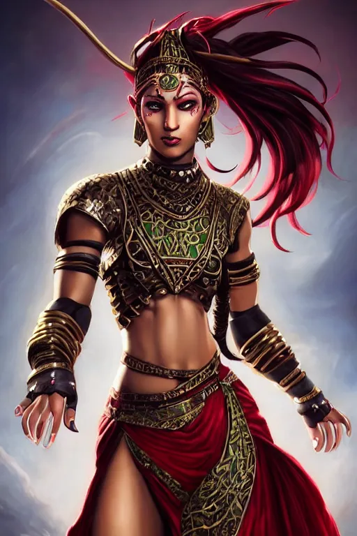 Prompt: Full body Picture of a Battle Dancer, arab inspired, wearing two metallic rings, dark brown skin, light red hair, waist reaching ponytail, crimson attire, exposed midriff, battle, detailed face features, dark green eyes, D&D, by artgerm and Craig Mullins, James Jean, Andrey Ryabovichev, Mark Simonetti and Peter Morbacher, matte painting, trending on artstation, artstationHD, artstationHQ, octane, full HD, 16K