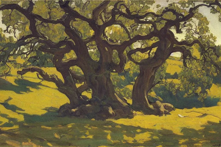 Image similar to masterpiece painting of oak trees on a hillside overlooking a creek, by harold gilman