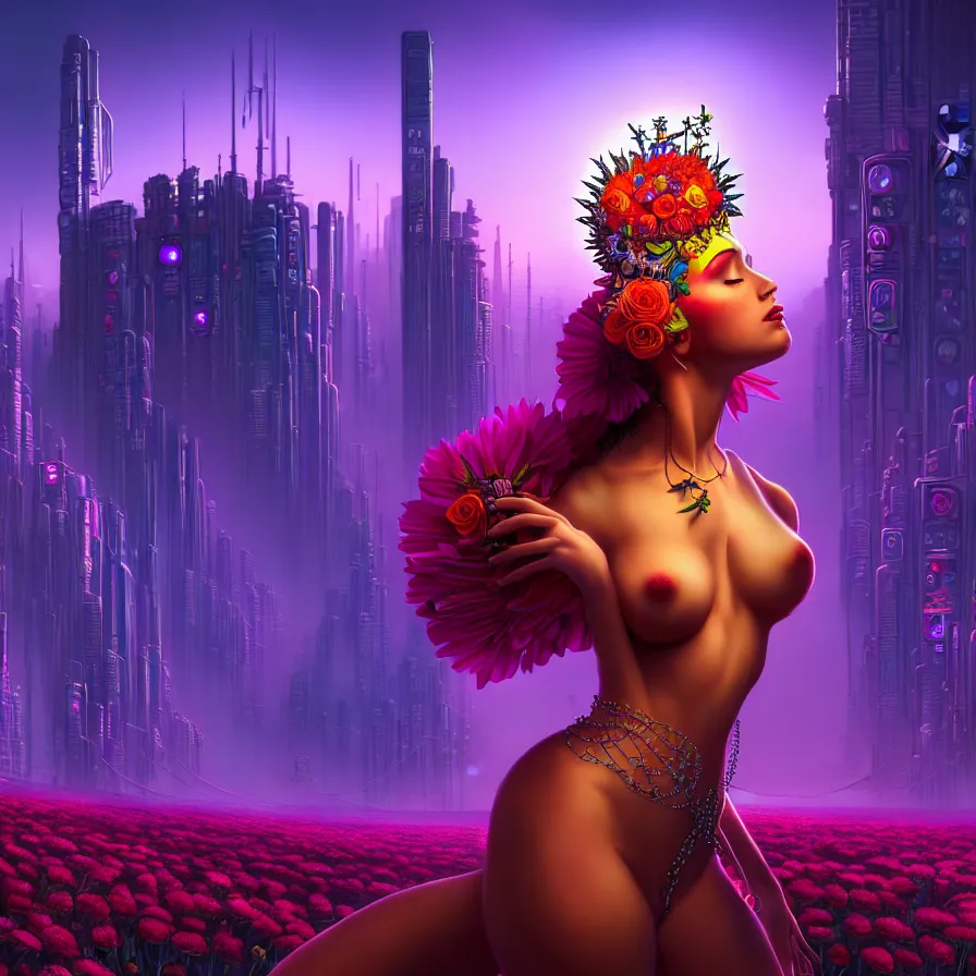 Prompt: Beautiful 3d render of the flower queen in a sensual pose, in the style of Dan Mumford, with a futuristic cyberpunk city in the background.