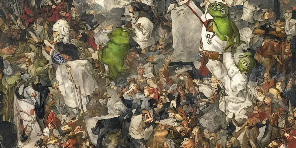 Image similar to pepe the frog, proclamation of the german empire by anton von werner