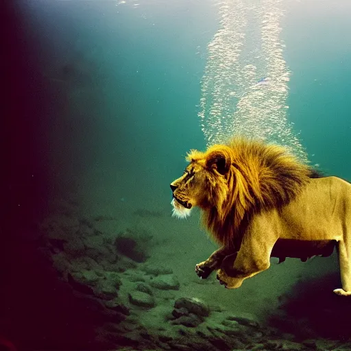 Prompt: photo of lion swimming in river, underwater, cinestill, 8 0 0 t, 3 5 mm, full - hd