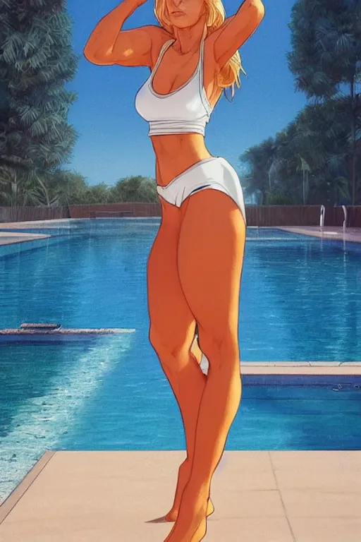 Prompt: a beautiful, very fit woman with hip-length blonde hair, wearing a short white crop top and short orange athletic shorts, stands by a swimming pool, facing forward, in the style of artgerm and moebius and annie liebovitz, photorealistic, highly detailed, trending on artstation