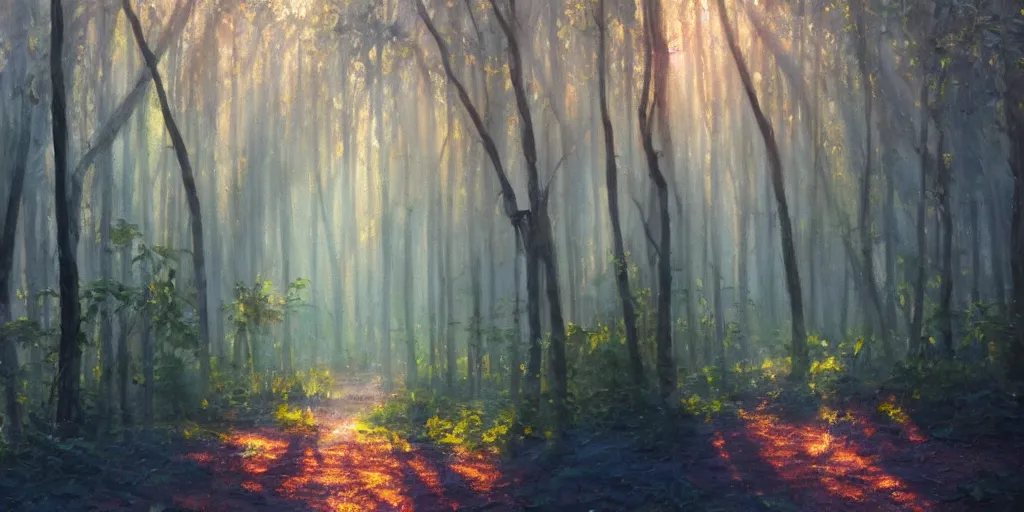 Image similar to An oil painting of an intensely beautiful forest in the morning; rays of light coming through the canopy; trending on artstation; extraordinary masterpiece!!!!!!