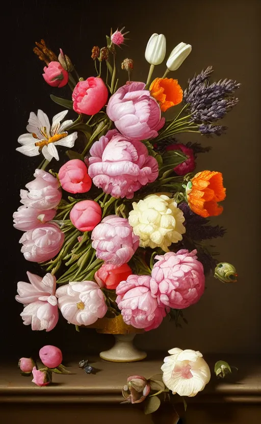 Prompt: still life of flowers, dutch painting, old masters, in the style of rachel ruysch, complex 3 d render, ultra detailed, 8 5 mm lens, refined, high definition, pink blossoms, snowbells, red berries, lavender, lily, peonies, roses, foliage, marigold, green leaves, tulips, iris,