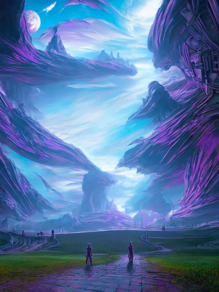 Image similar to entrance to ethereal realm, rendered in unreal engine, central composition, symmetrical composition, dreamy colourful cyberpunk colors, 6 point perspective, fantasy landscape with anthropomorphic!!! terrain!!! in the styles of igor morski, jim warren, and rob gonsalves, intricate, hyperrealistic, volumetric lighting, big sky, distinct horizon