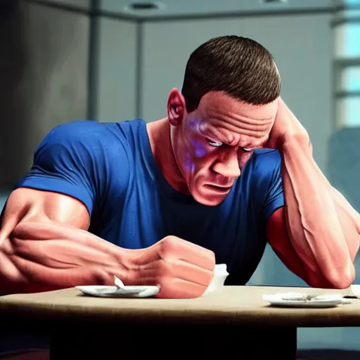 Prompt: john cena sitting at a table breaking down and crying about the fact that his social credit score has gone down for the 5 0 th time this week realistic hyperrealistic 4 k resolution 8 k resolution highly detailed very detailed extremely detailed hd quality detailed face very detailed face extremely detailed face trending on artstation