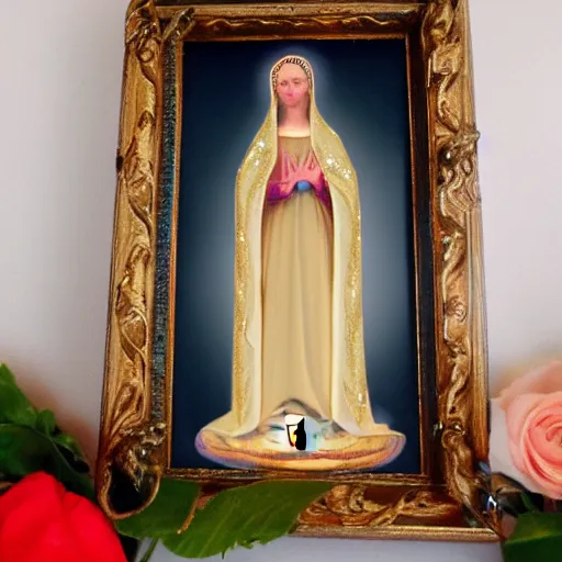 Prompt: virgin mary on a candle dressed in day if the dead dress and makeup