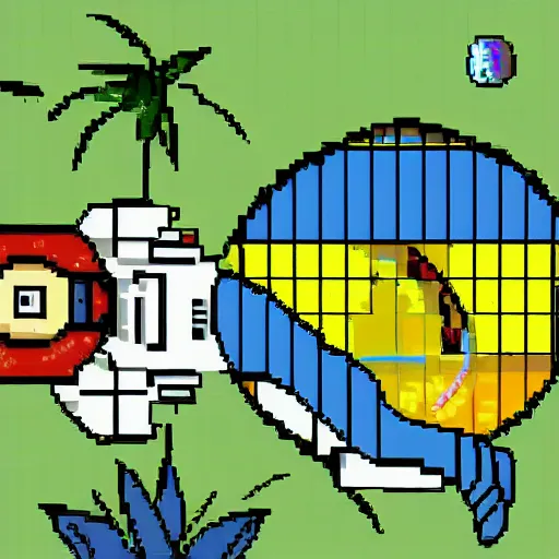 Image similar to an astronaut lounging in a tropical resort in space, pixel art