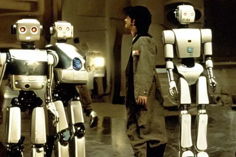 Image similar to a movie still from the 1985 summer blockbuster movie Back to the Robots directed by Steven Spielberg