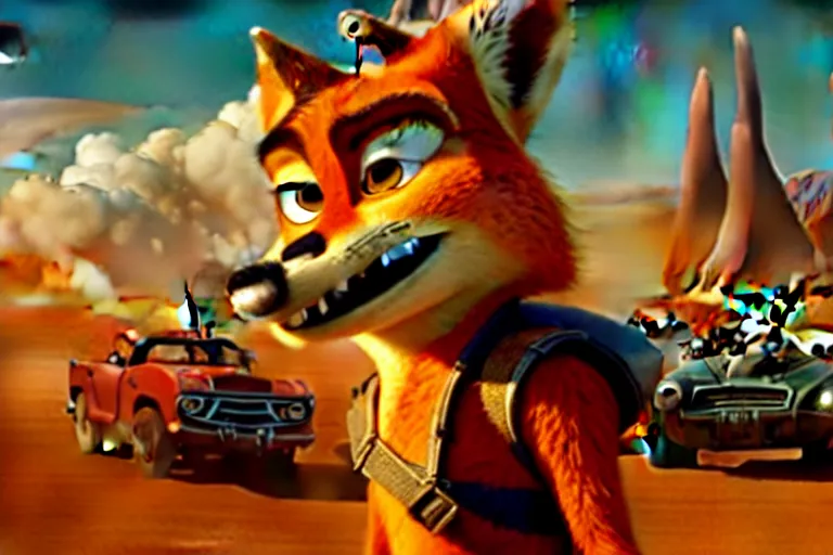 Image similar to nick wilde ( from zootopia ), heavily armed and armored facing down armageddon in a dark and gritty reboot from the makers of mad max : fury road