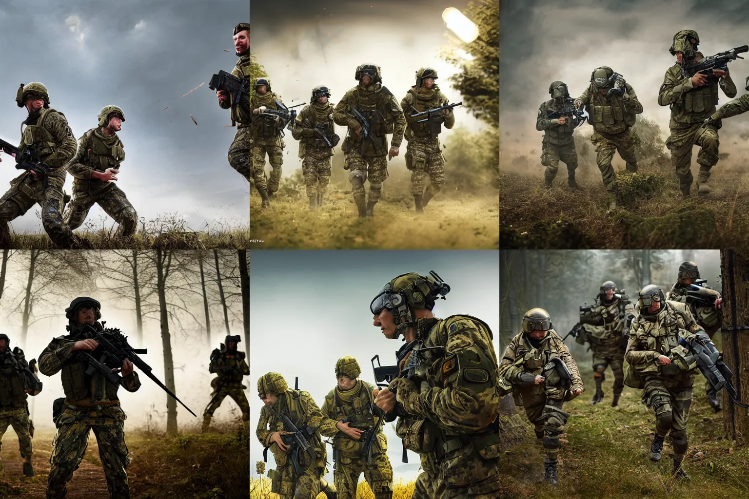 Prompt: Portrait of a modern German Bundeswehr squad in full gear wearing Flecktarn sprinting shooting at enemy forces from behind cover, cinematic lighting, front lighting, 4k, award-winning, by Greg Rutkowski, combat, intense,