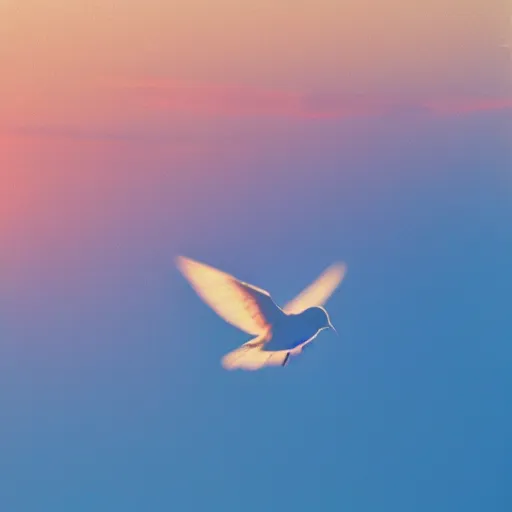 Prompt: Realistic shot of a dove flying over the clouds at sunset, ethereal, vintage photograph, film grain, surreal, awe-inspiring, highly detailed