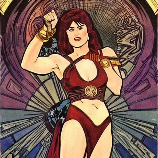 Prompt: lucy lawless with dark hair and wearing a cuirass and leather warrior skirt. well composed, clean elegant painting, beautiful detailed face. comic book art by steve ditko and jack kirby and ( alphonse mucha )