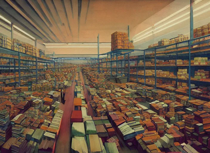 Prompt: inside a giant warehouse Amazon fulfillment center, people stacked on shelves in plastic bags Edward Hopper and James Gilleard, Zdzislaw Beksinski, highly detailed