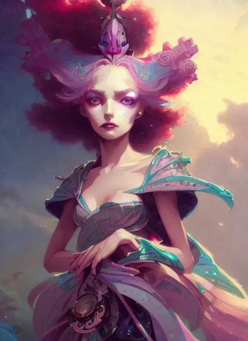 Image similar to close up picture of an maximalist dress magical girl, neat hair, extremely beautiful and aesthetic and detailed cute face and eyes, wipe out evils with cute familiar sprites, chiaroscuro, intricate, masterpiece, fantasy illustrations by peter mohrbacher and anato finnstark and jeremy lipking