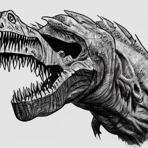 Image similar to sketch of a zombie dinosaur ,epic,detailed,scary